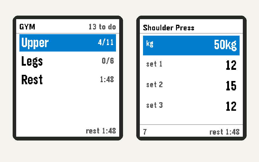 Two actual archived Pebble emulator captures showing the Gym log split picker and exercise editor, including the rest countdown and machine setting.